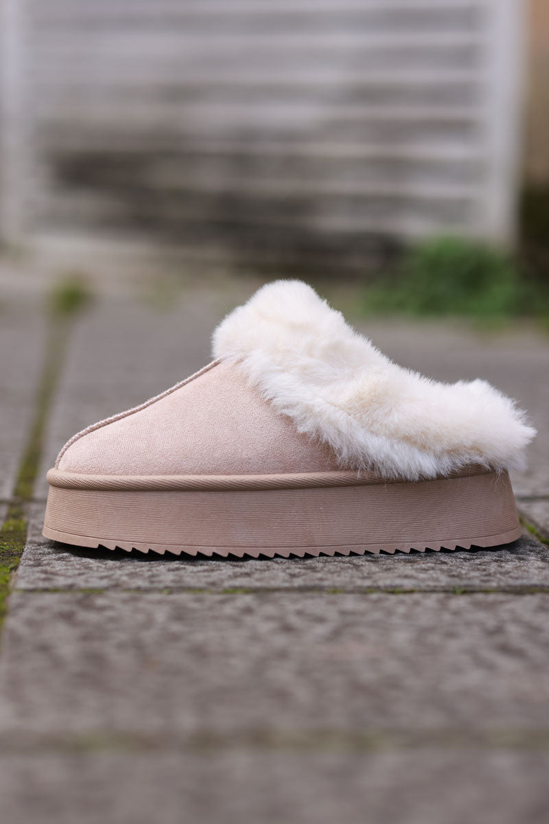 Cream Sueded Slip-On Clogs with Faux Fur Trim