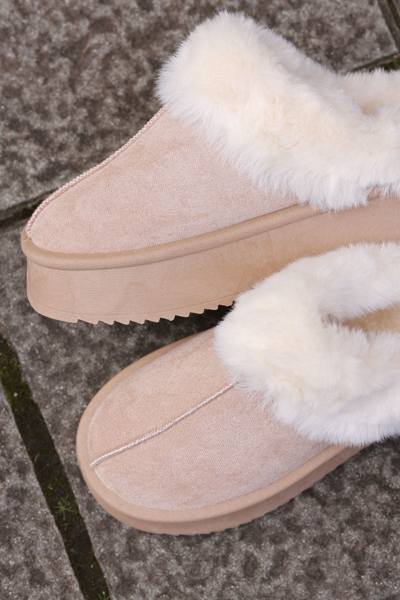 Cream Sueded Slip-On Clogs with Faux Fur Trim