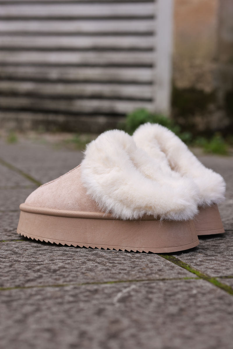 Cream Sueded Slip-On Clogs with Faux Fur Trim