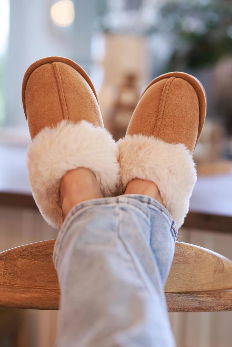 Tan Sueded Slip-On Clogs with Faux Fur Trim