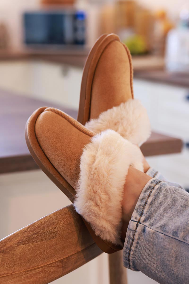 Tan Sueded Slip-On Clogs with Faux Fur Trim