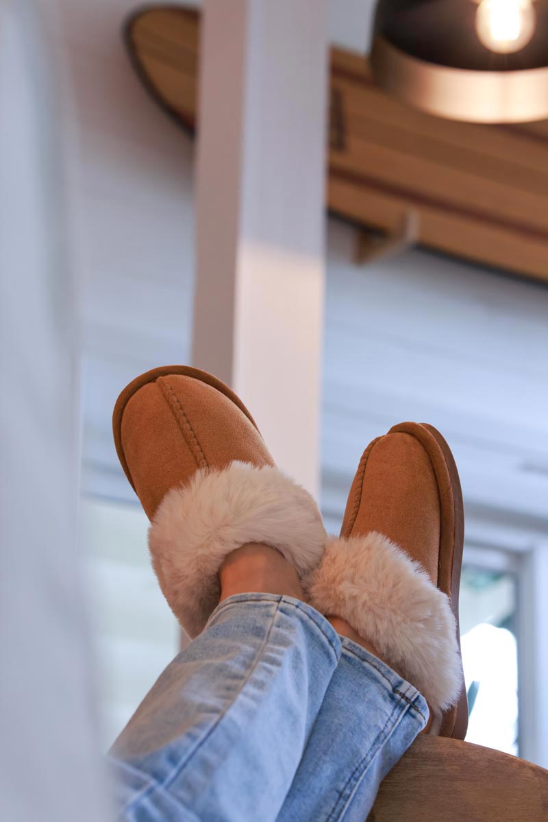 Tan Sueded Slip-On Clogs with Faux Fur Trim