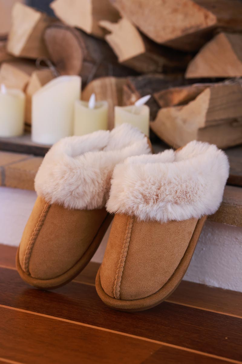 Tan Sueded Slip-On Clogs with Faux Fur Trim