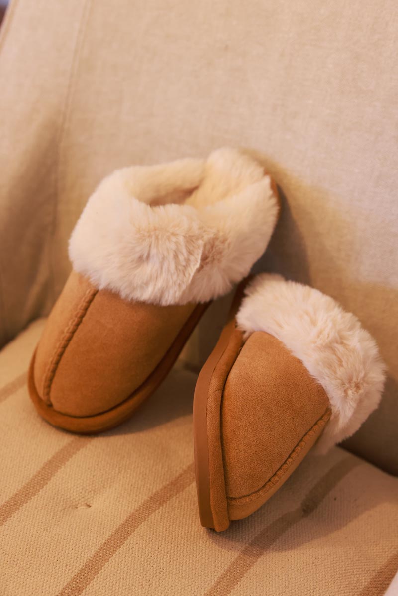 Tan Sueded Slip-On Clogs with Faux Fur Trim