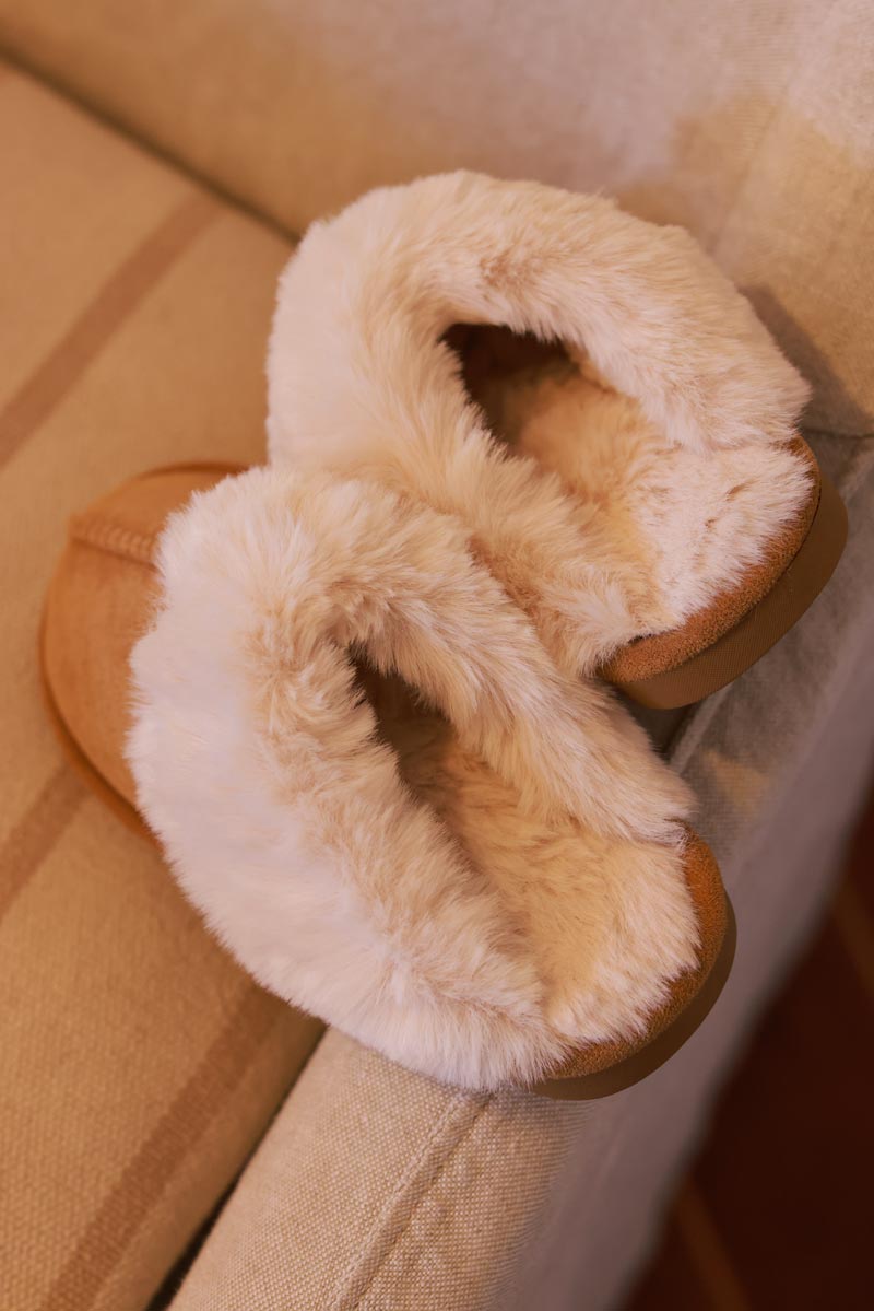 Tan Sueded Slip-On Clogs with Faux Fur Trim