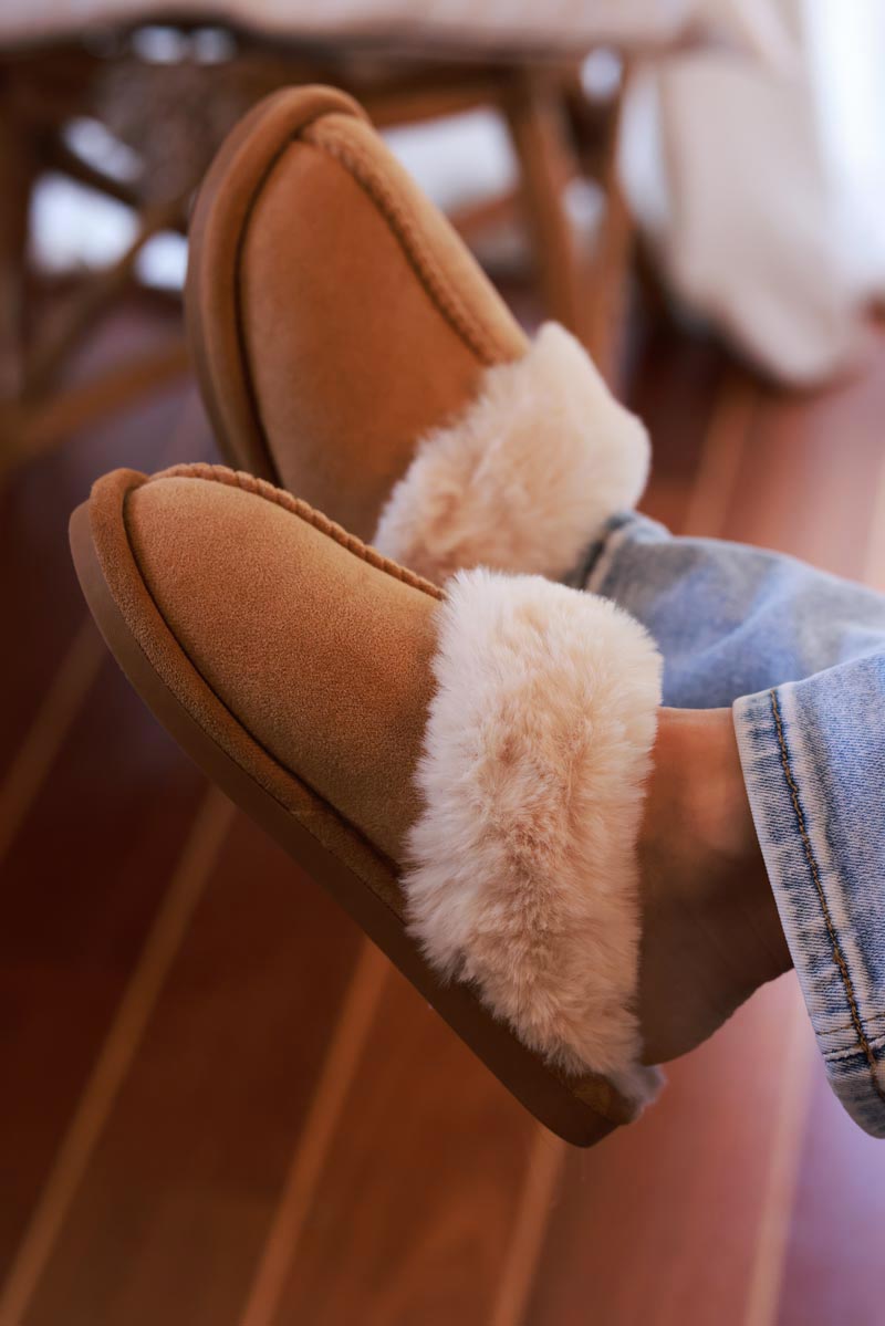 Tan Sueded Slip-On Clogs with Faux Fur Trim