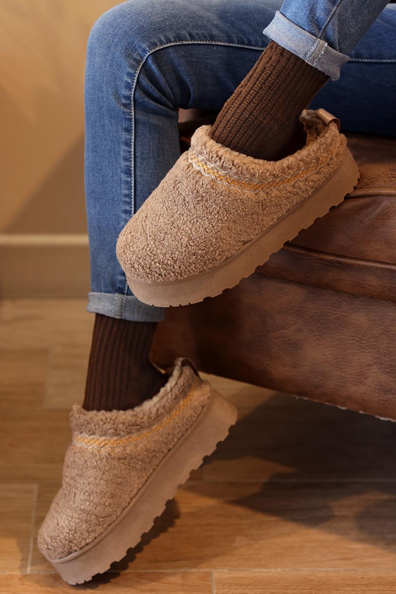 Taupe teddy fleece mule slippers with faux fur lining ankle embroidery
