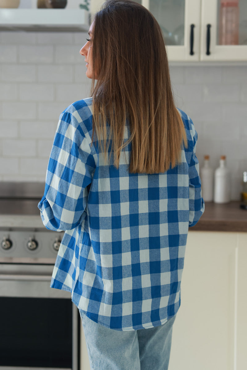 Blue Gingham Cotton Button-Down Shirt