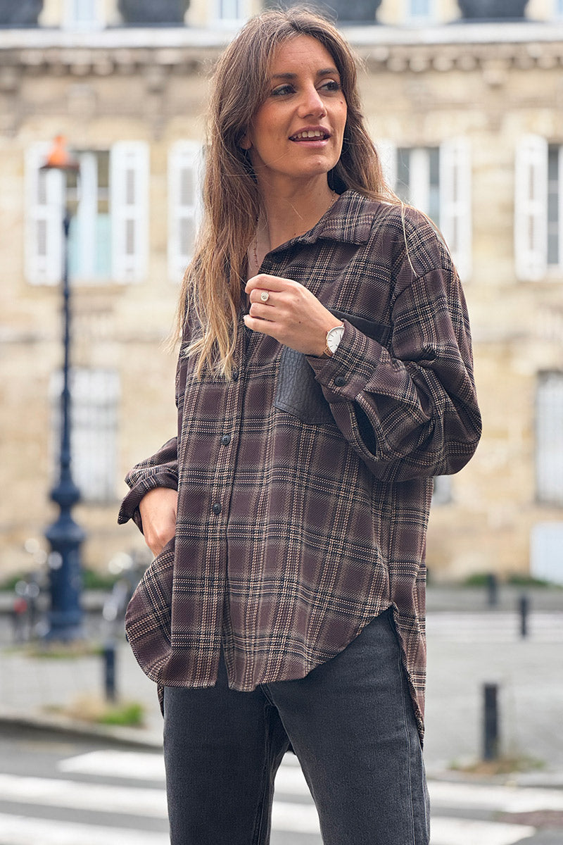 Chemise à carreaux écossais marron style bucheron poche simili