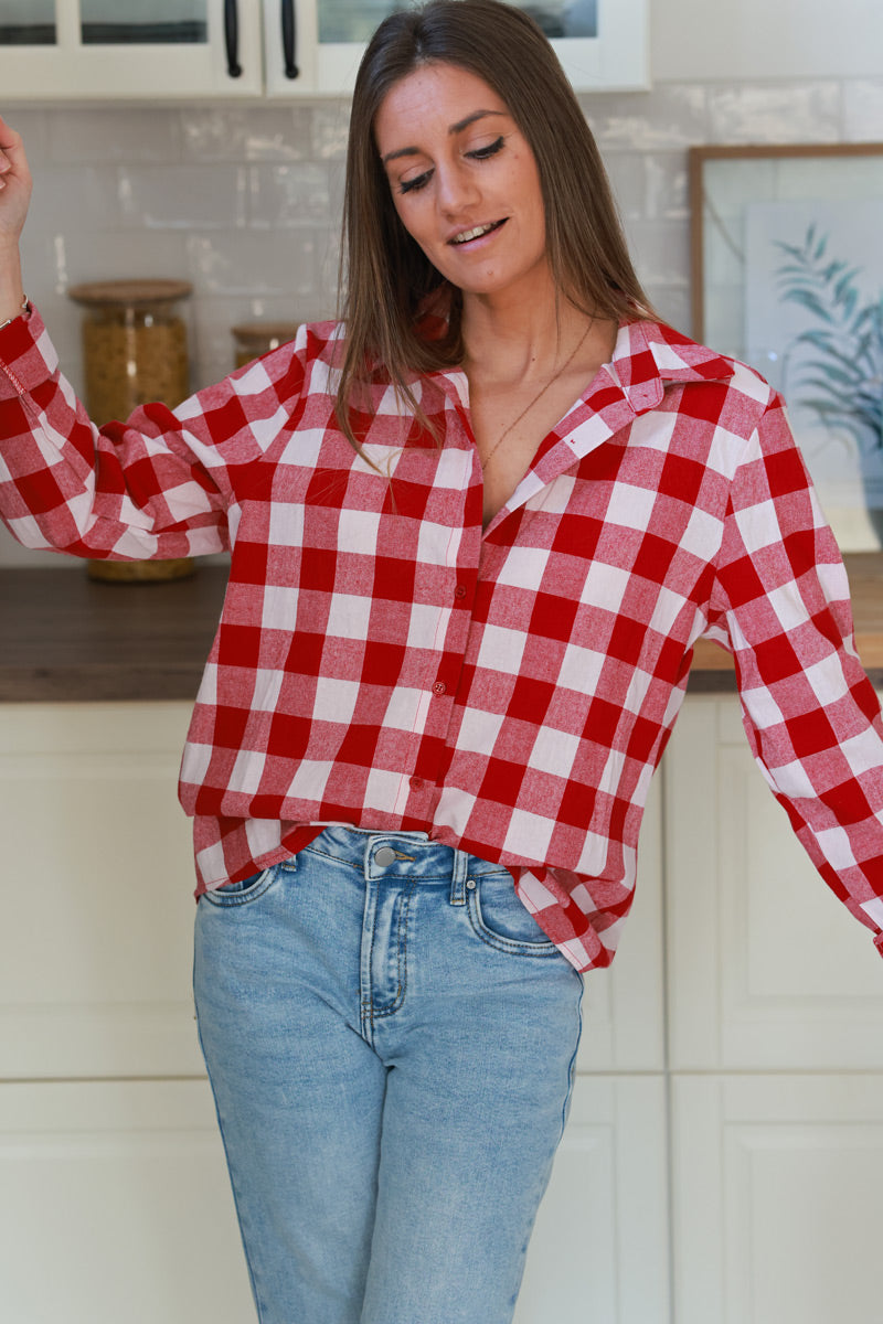 Burgundy Gingham Cotton Button-Down Shirt