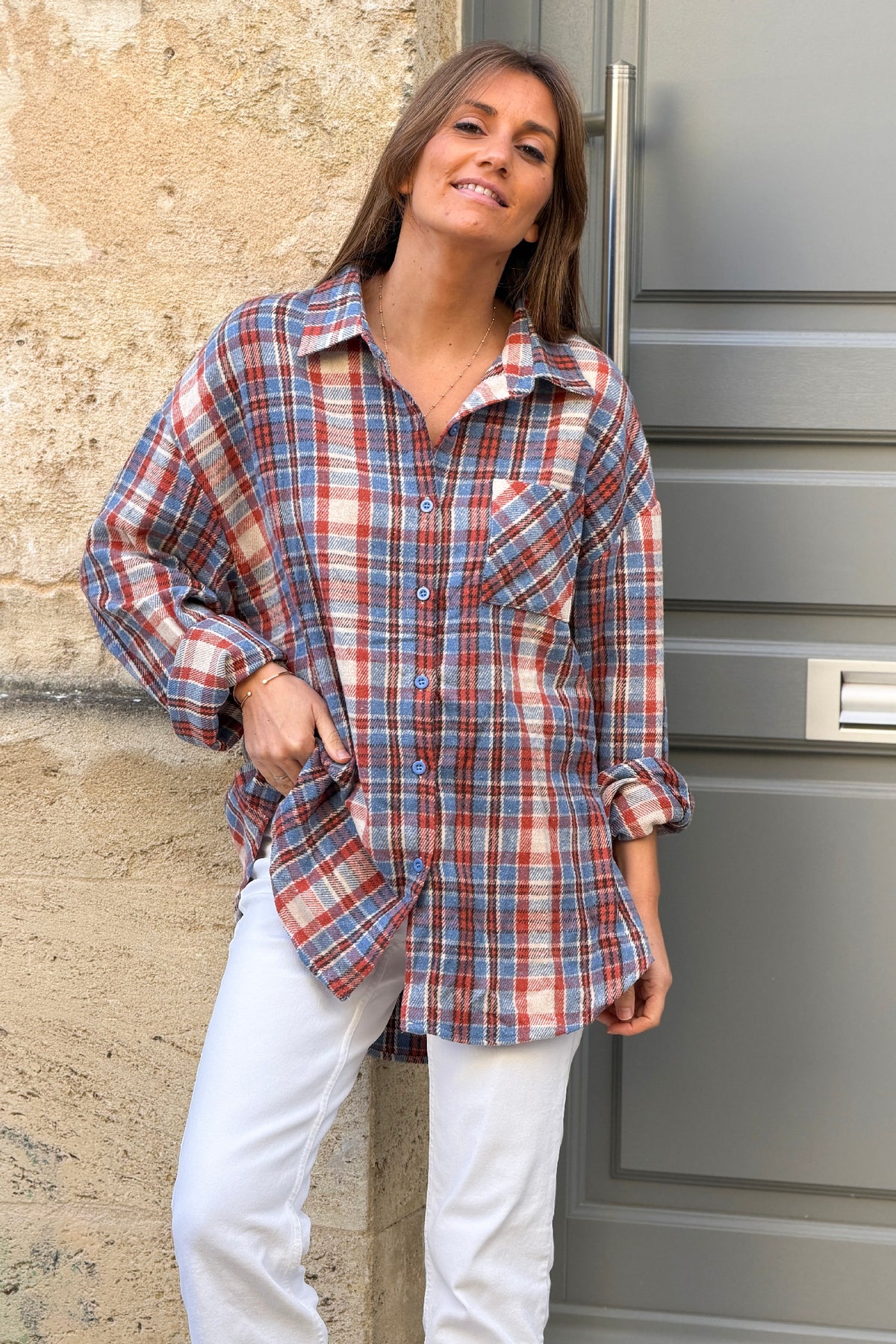 Chemise chaude en flanelle motifs carreaux Ecossais terracotta et bleu