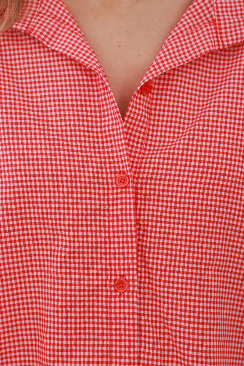 Red Gingham Cotton Button-Down Shirt