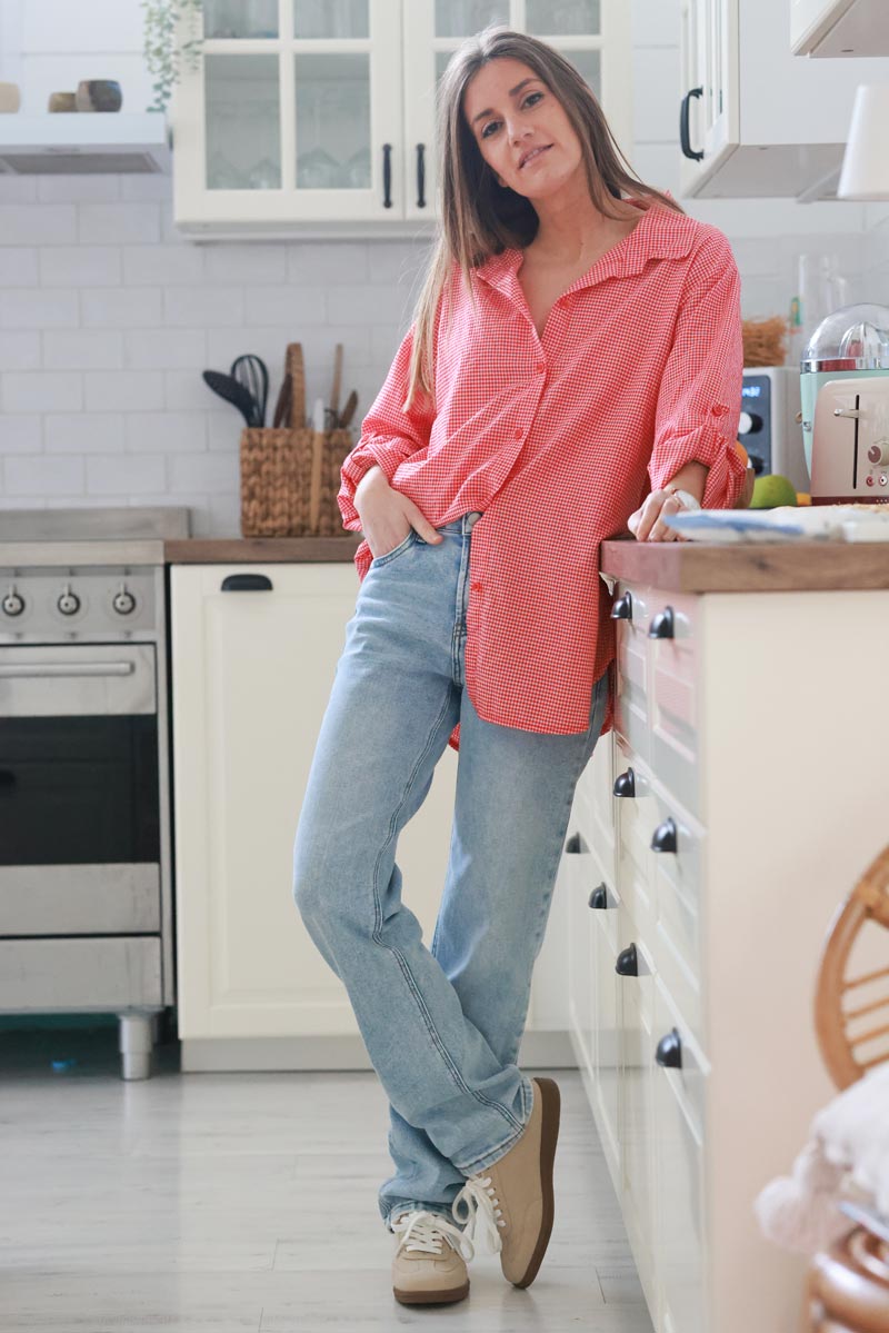 Red Gingham Cotton Button-Down Shirt