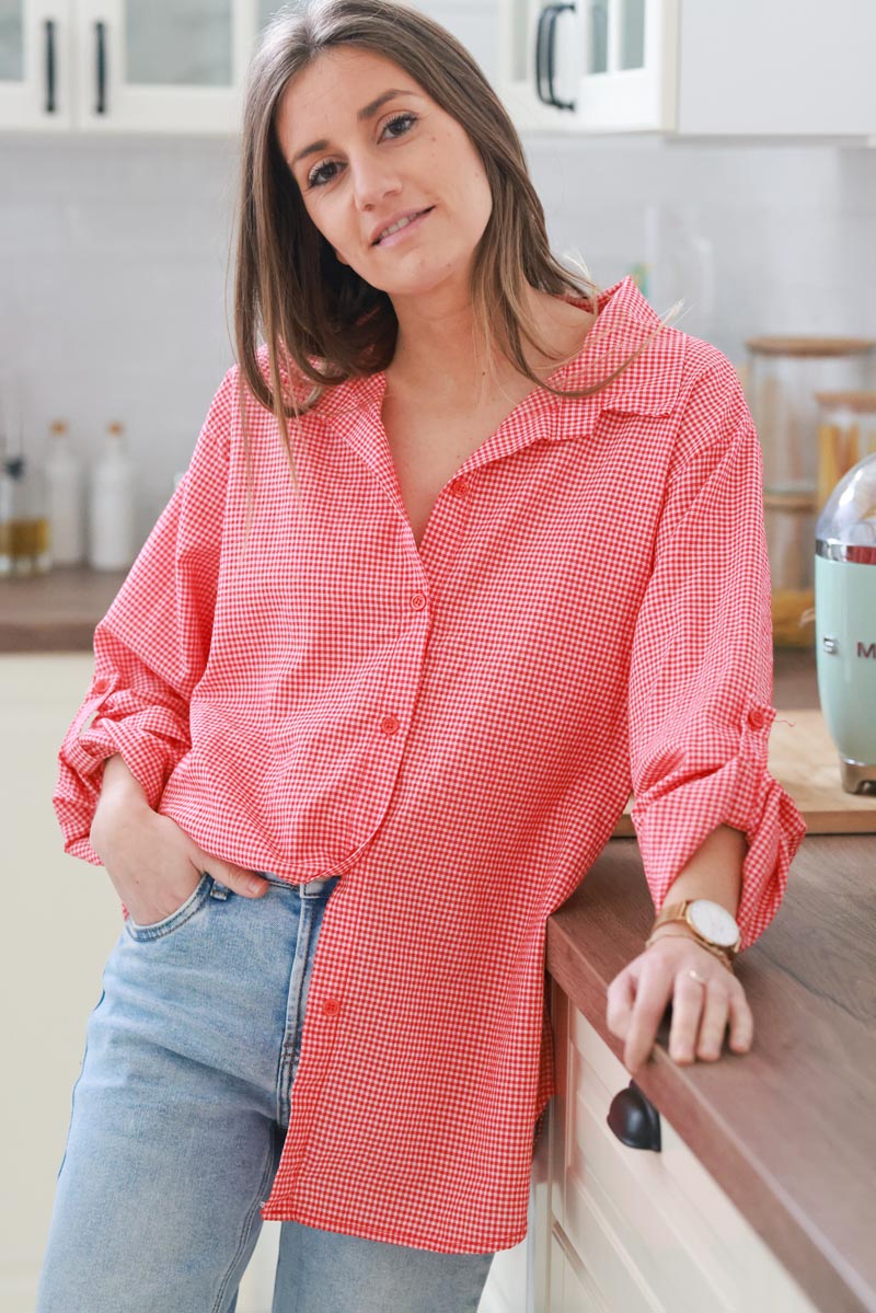 Red Gingham Cotton Button-Down Shirt