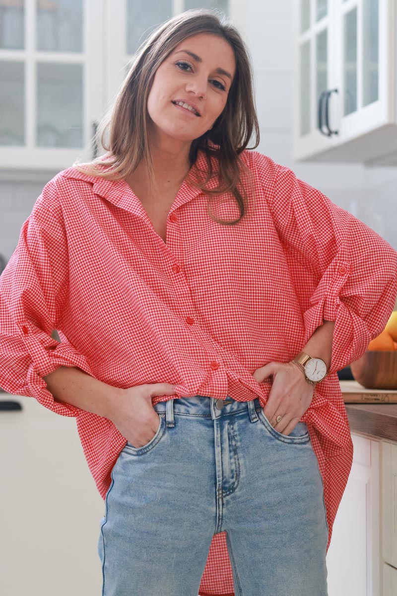 Red Gingham Cotton Button-Down Shirt