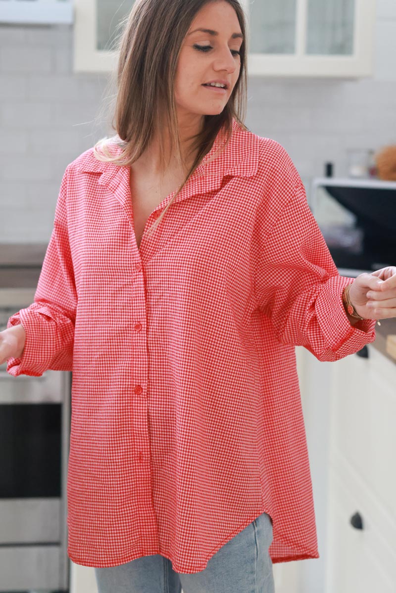 Red Gingham Cotton Button-Down Shirt