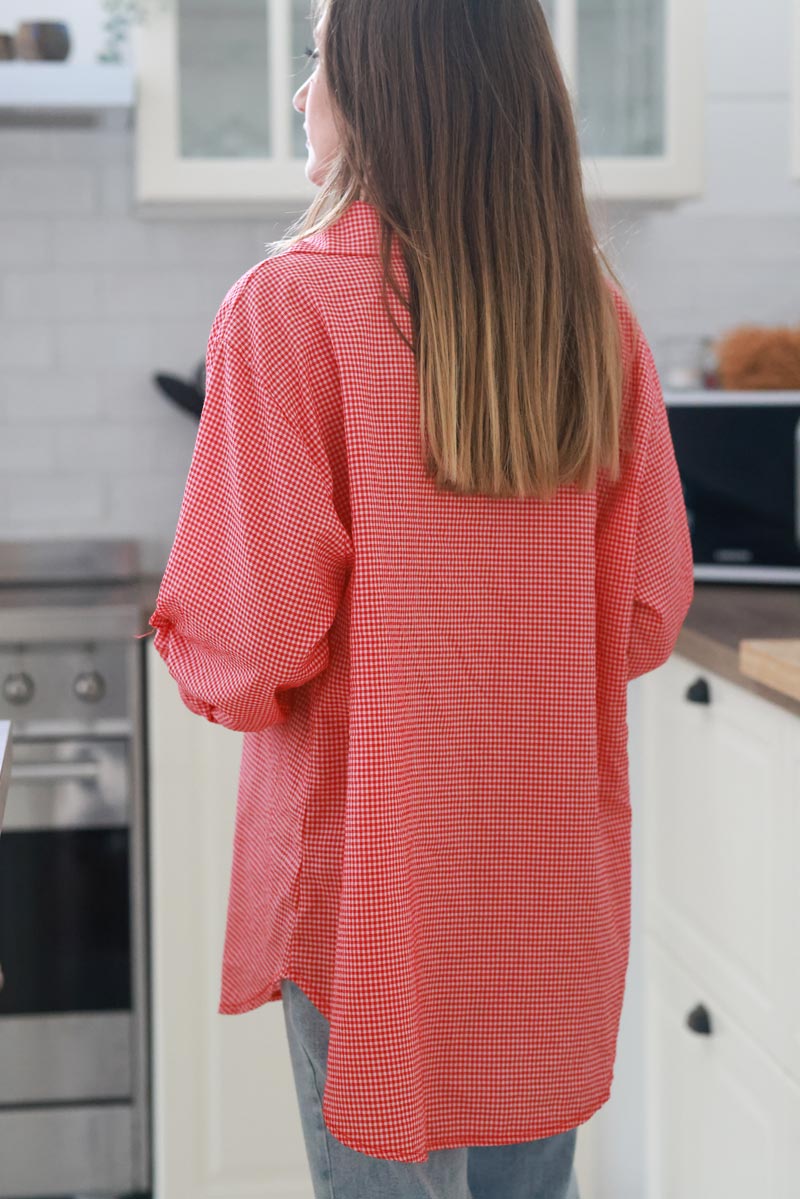 Chemise à petits carreaux rouge en coton texturé