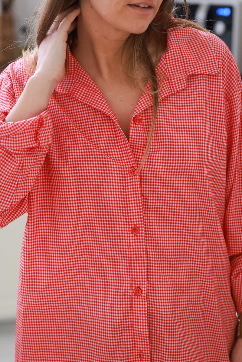 Red Gingham Cotton Button-Down Shirt