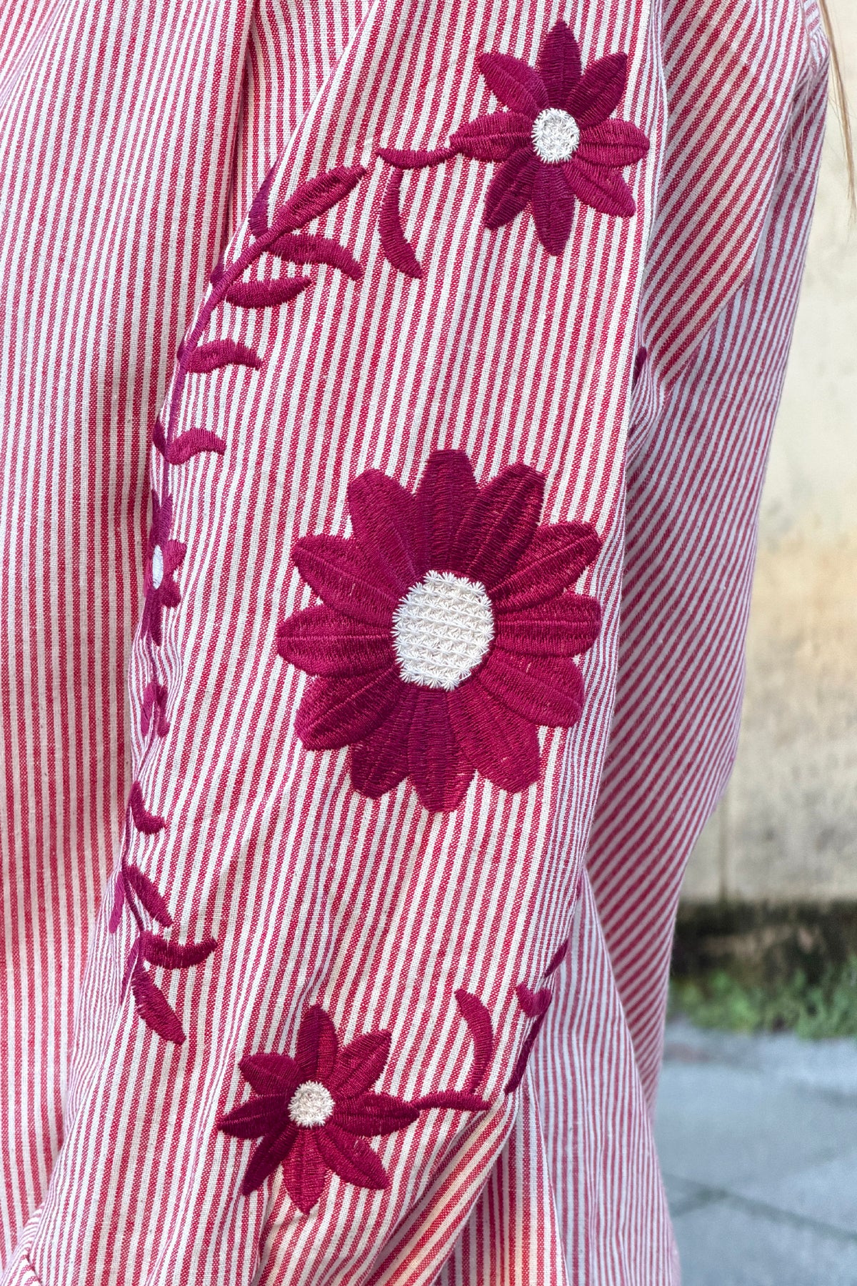 Aubergine Embroidered Sleeve Pinstripe Poplin Blouse