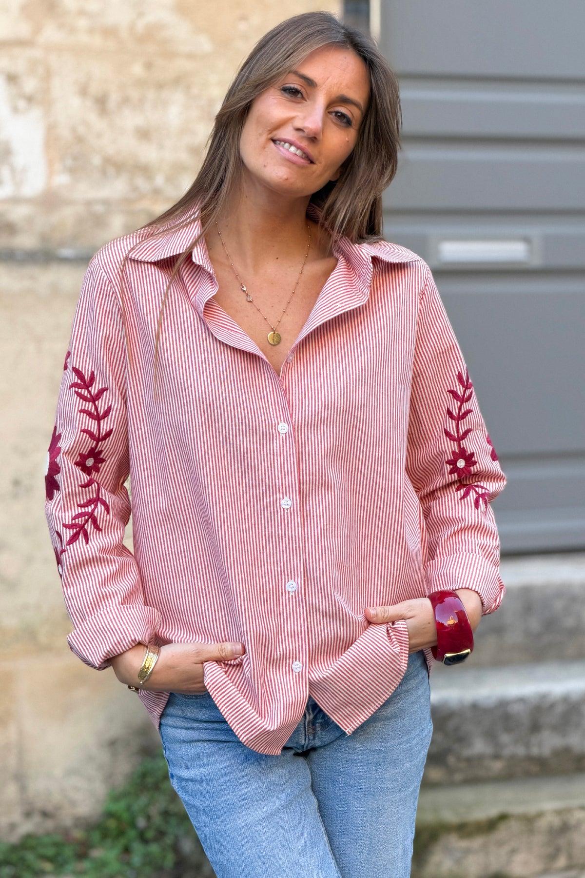 Aubergine Embroidered Sleeve Pinstripe Poplin Blouse