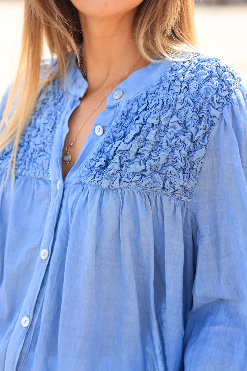 Smocked dusty blue floaty blouse with mother of pearl buttons