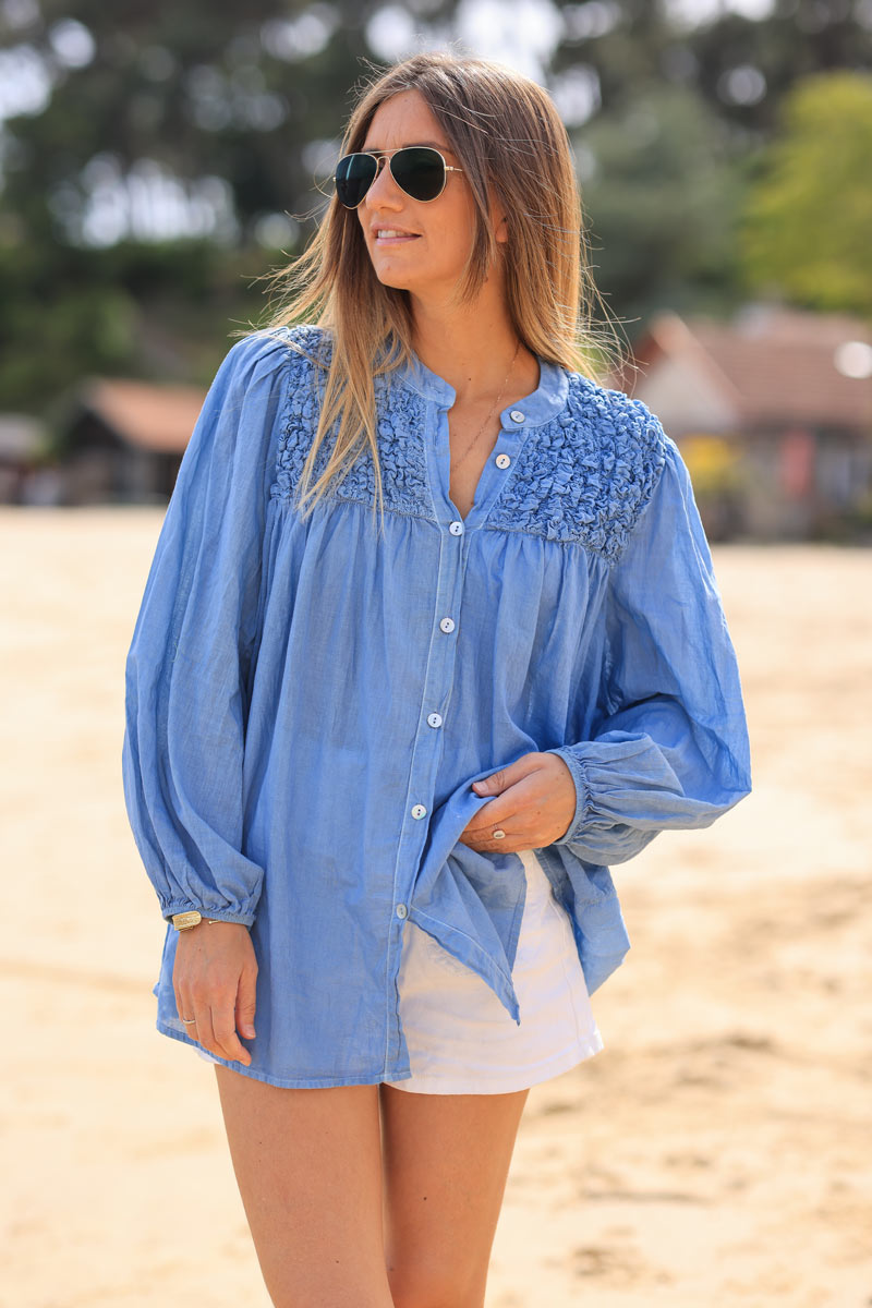 Smocked dusty blue floaty blouse with mother of pearl buttons