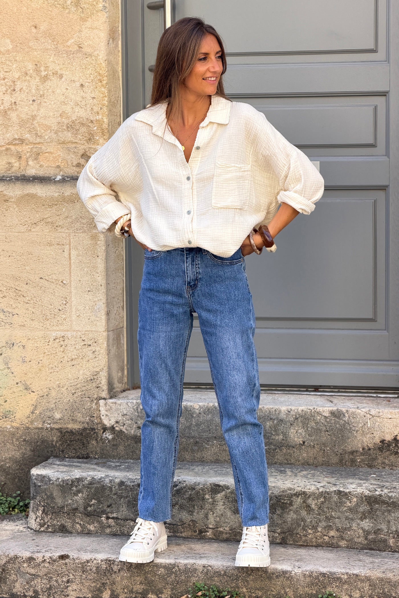 Beige Crinkle Gauze Button-Down Beach Shirt