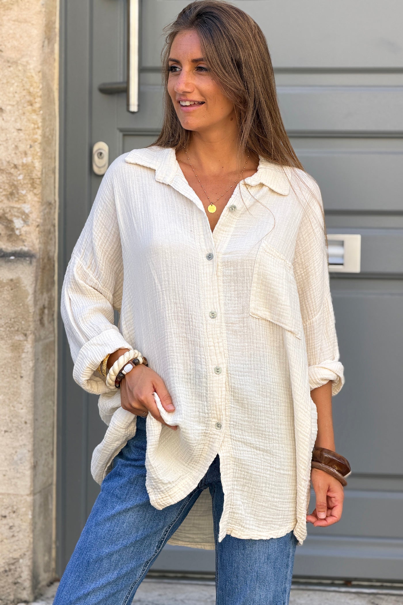Beige Crinkle Gauze Button-Down Beach Shirt