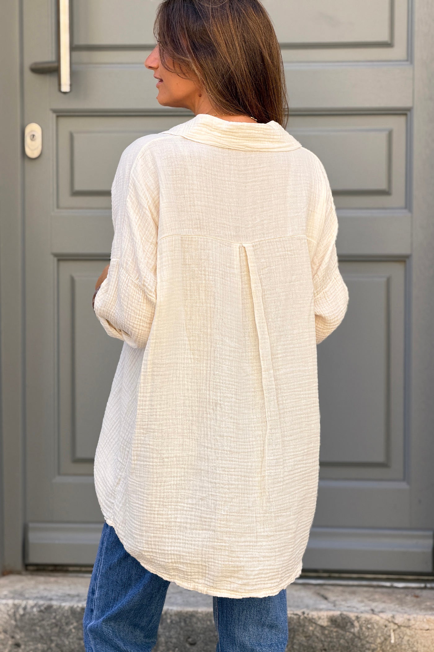 Beige Crinkle Gauze Button-Down Beach Shirt