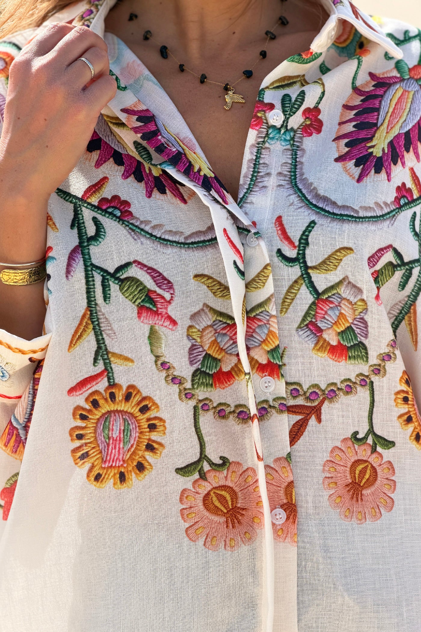 Beige Embroidered Folk Garden Button-Down Blouse
