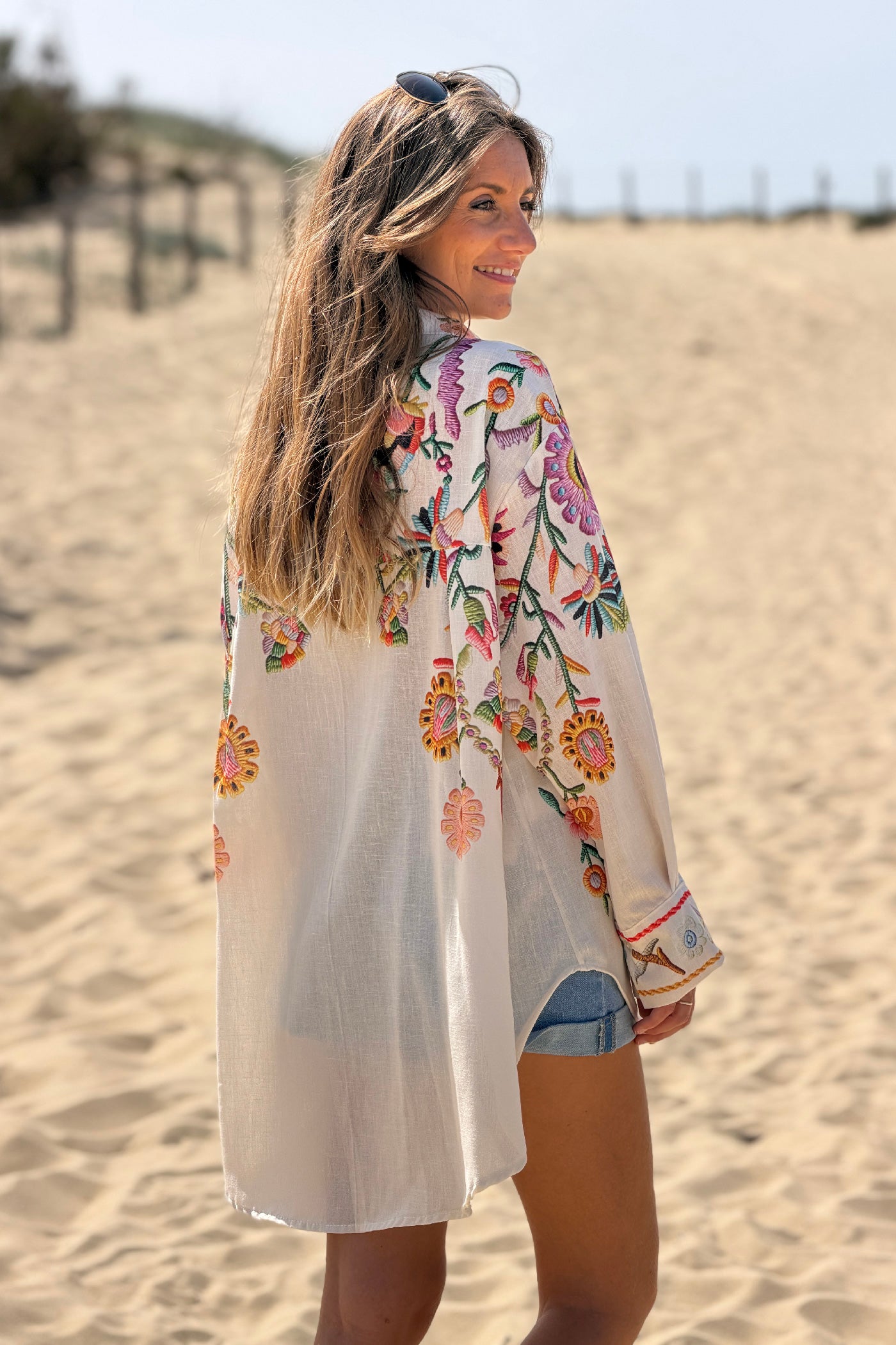 Beige Embroidered Folk Garden Button-Down Blouse