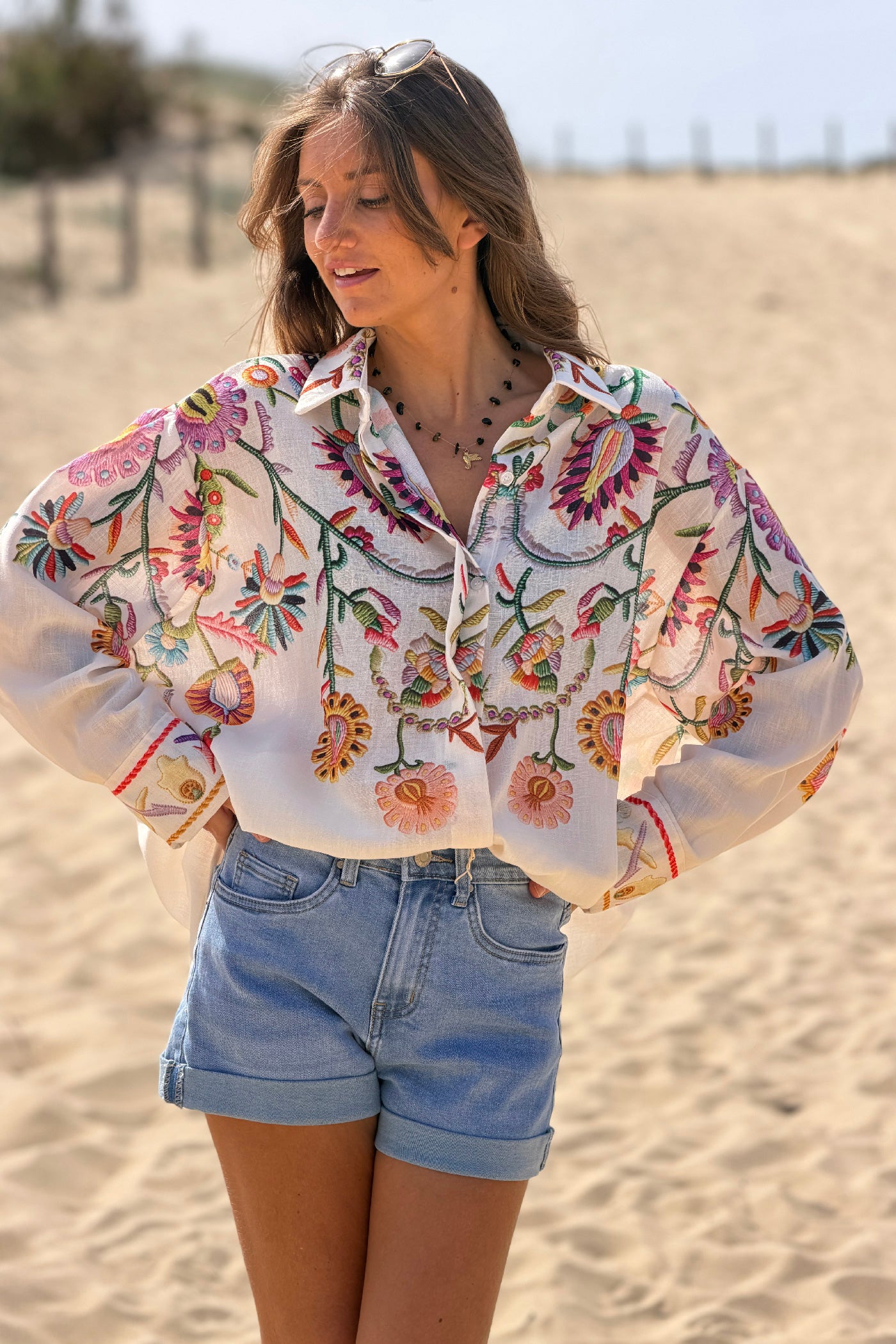 Beige Embroidered Folk Garden Button-Down Blouse