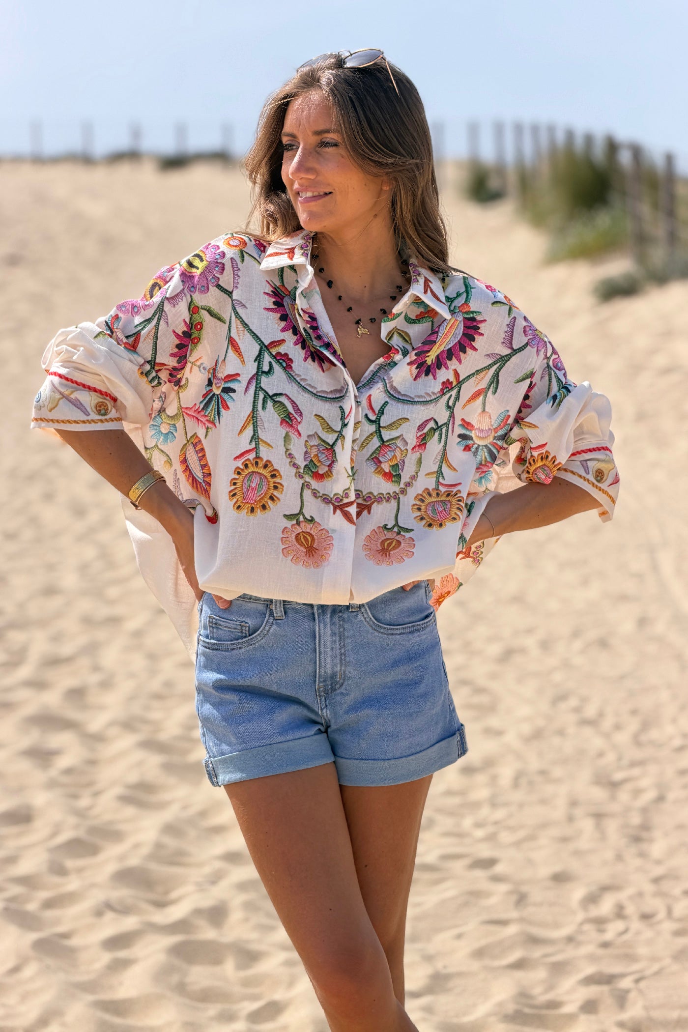 Beige Embroidered Folk Garden Button-Down Blouse
