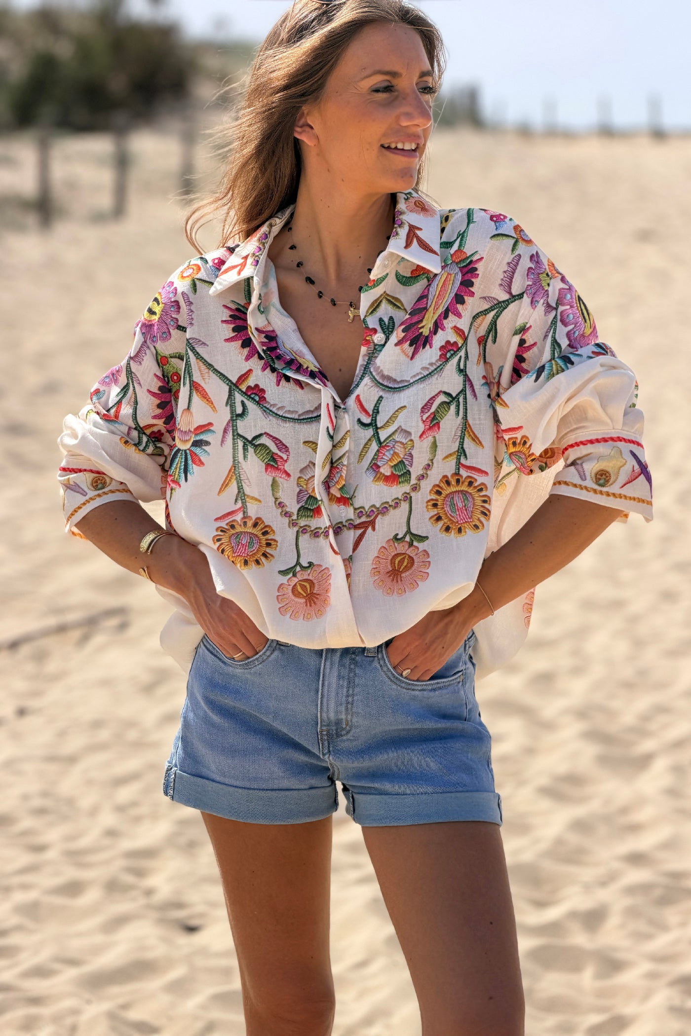 Beige Embroidered Folk Garden Button-Down Blouse
