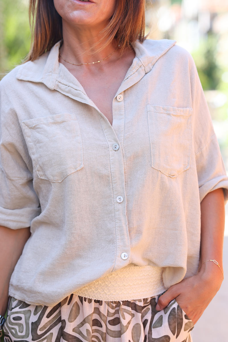 Beige soft cotton blouse with 3/4 sleeves and large pockets