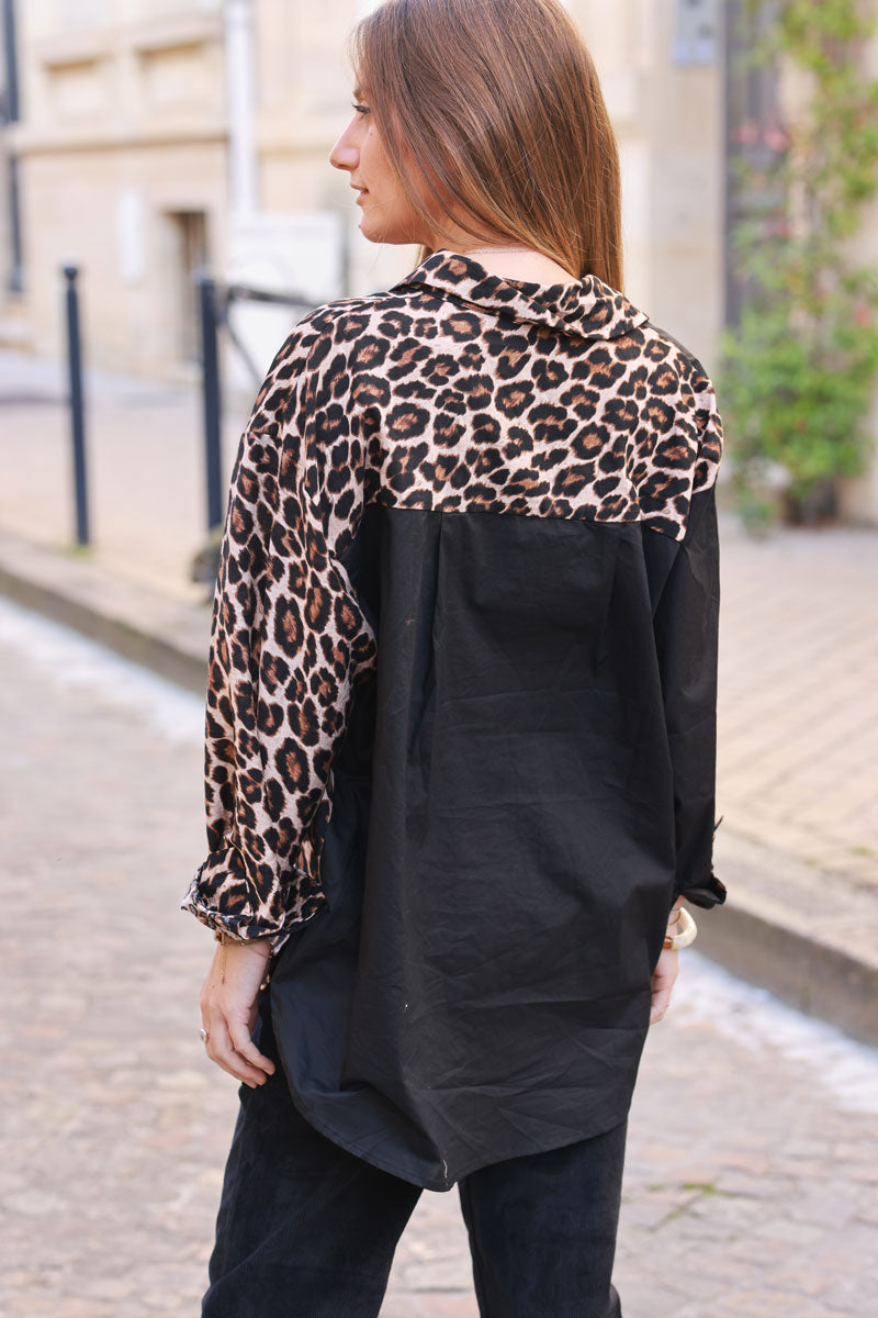 Black and Leopard Colorblock Button-Down Shirt