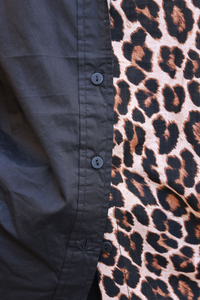 Black and Leopard Colorblock Button-Down Shirt