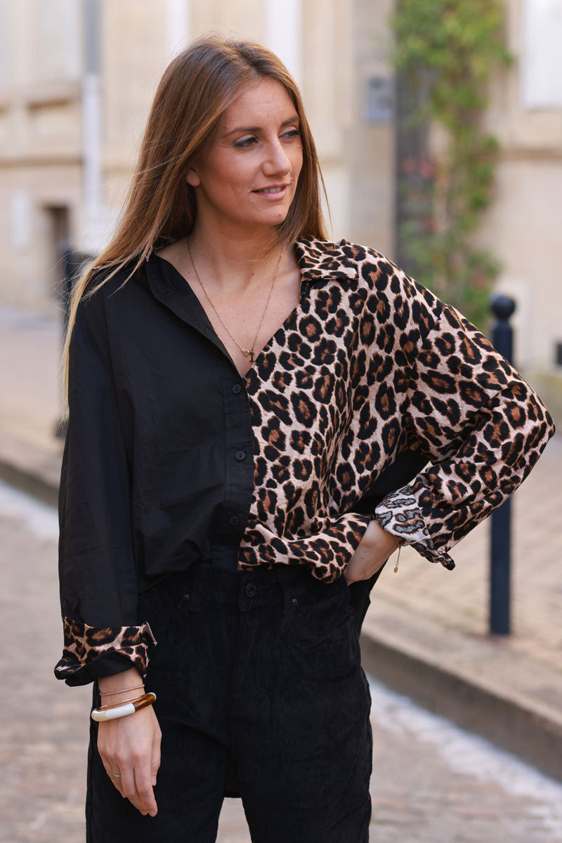 Black and Leopard Colorblock Button-Down Shirt