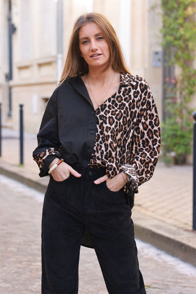 Black and Leopard Colorblock Button-Down Shirt