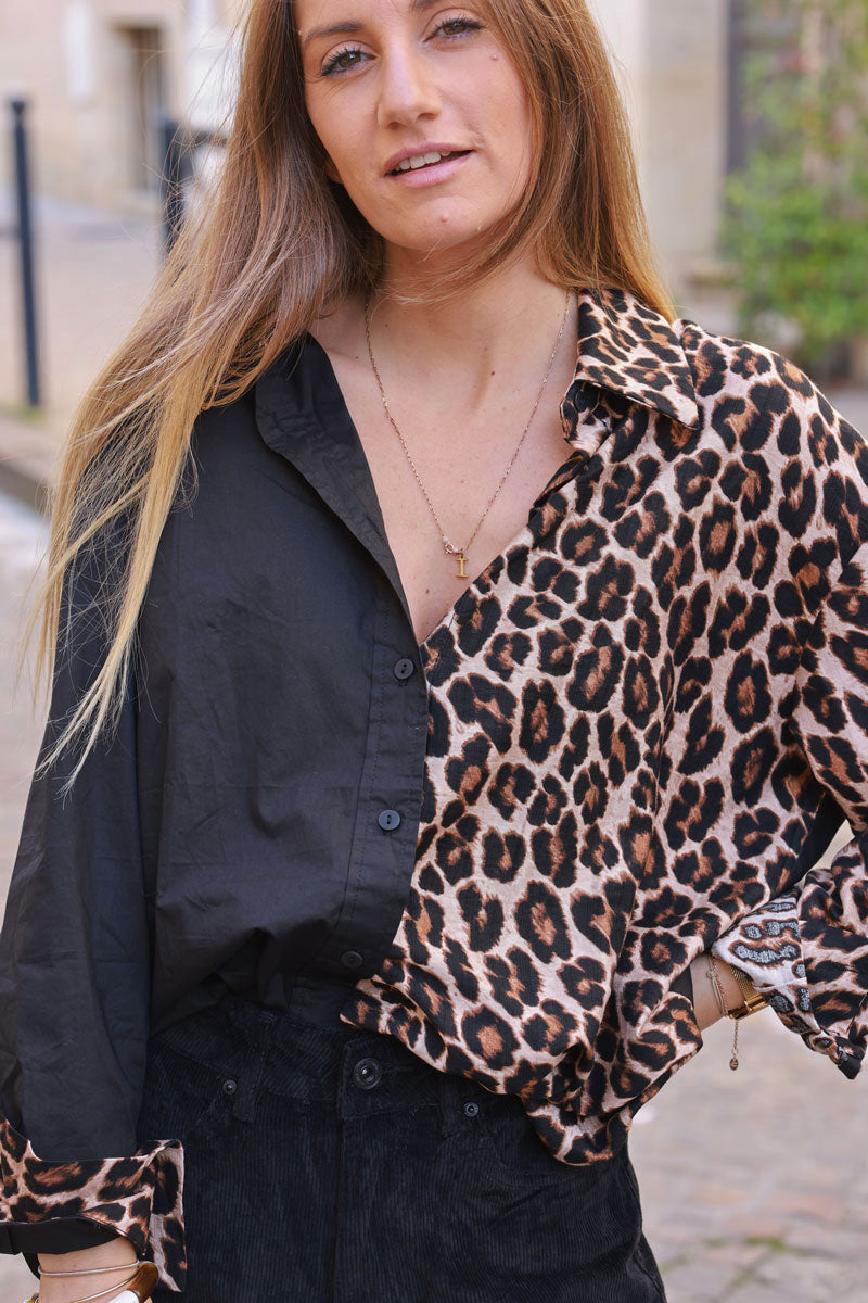 Black and Leopard Colorblock Button-Down Shirt