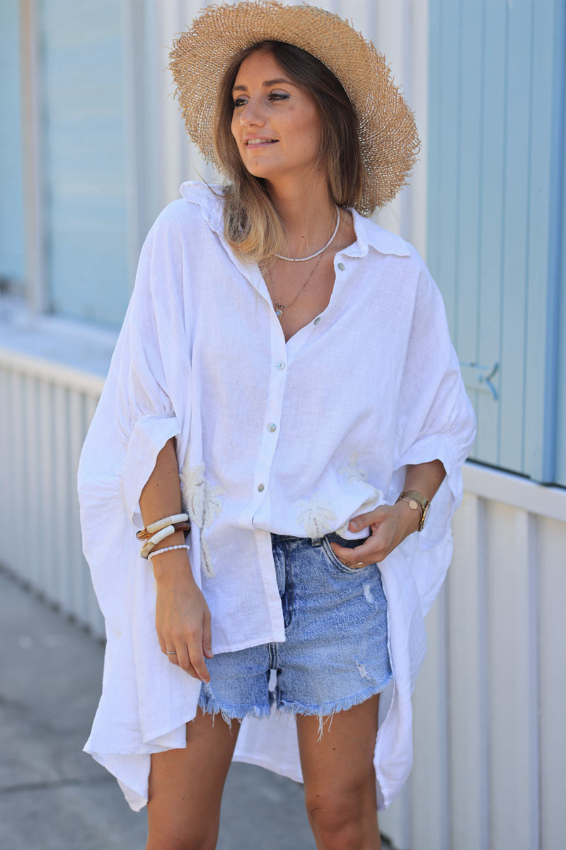 Off white linen blend oversized shirt with palm tree in boucle