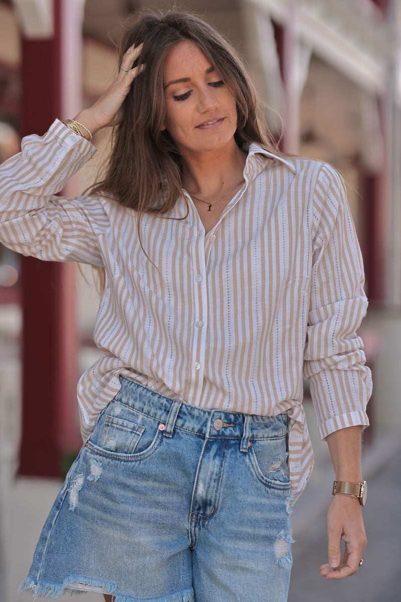 Chemise blanche à rayures beige détails ajourés