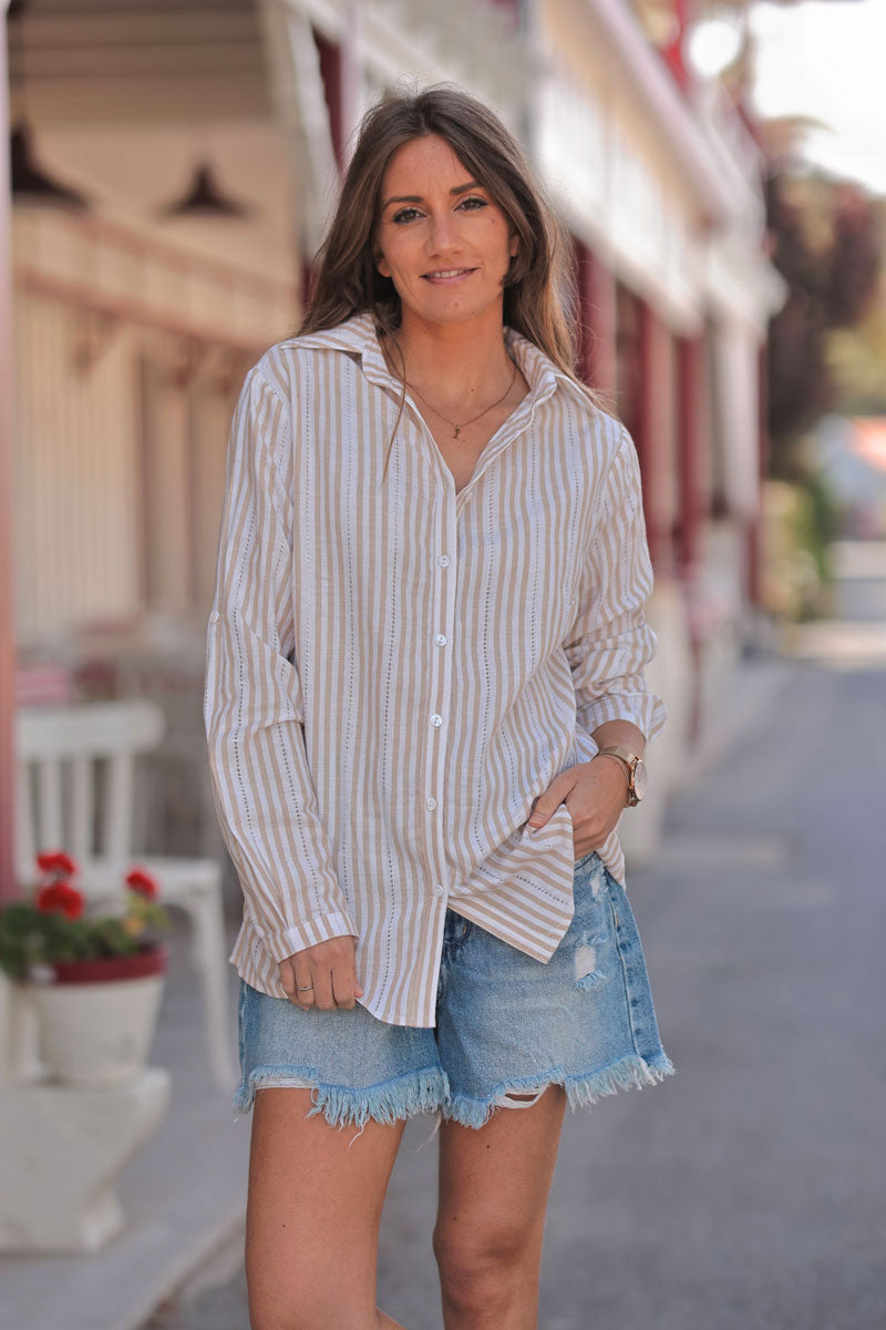 Taupe Vertical Stripe Eyelet Blouse