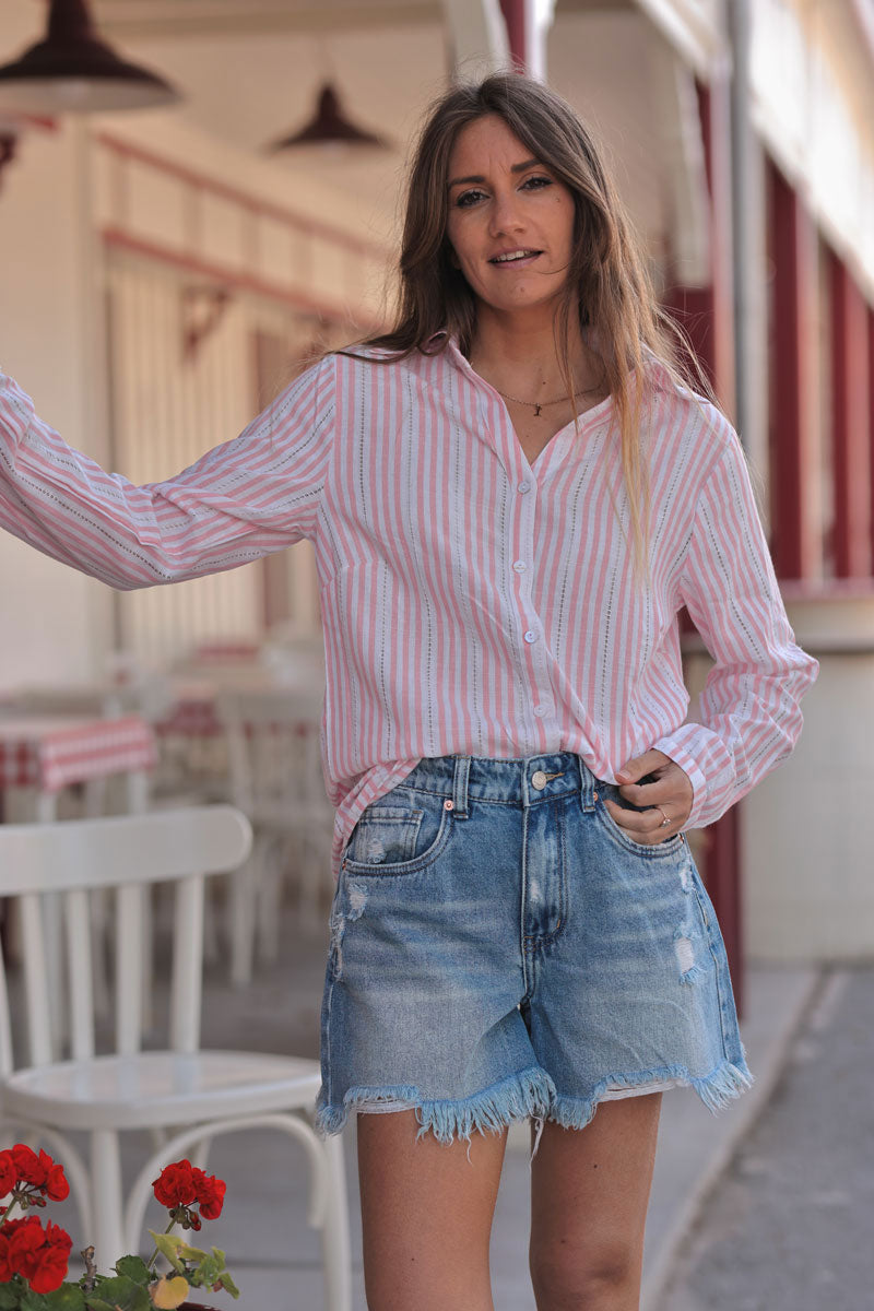 Pink Vertical Stripe Eyelet Blouse