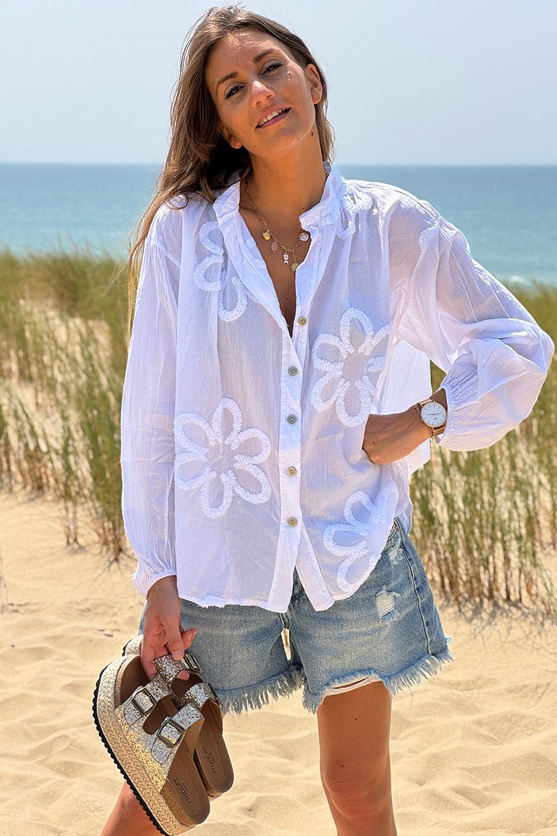 White Poplin Boucle Flower Peasant Blouse