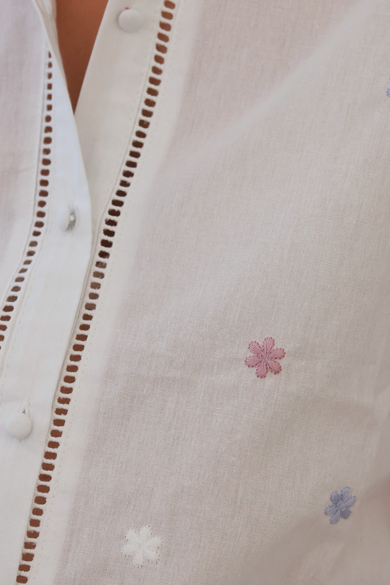 White Cotton Embroidered Daisies Button-Down Shirt