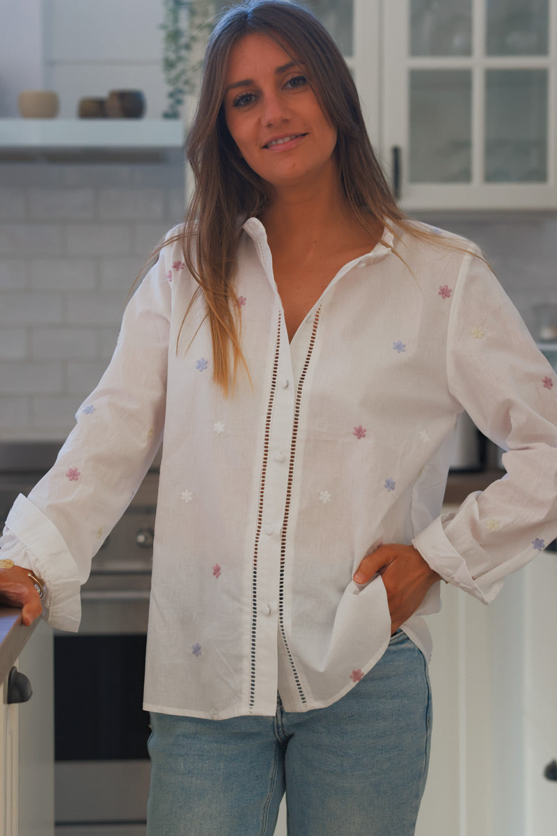 White Cotton Embroidered Daisies Button-Down Shirt