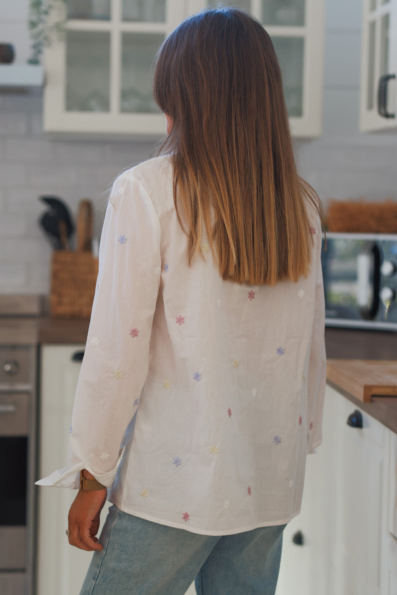 White Cotton Embroidered Daisies Button-Down Shirt