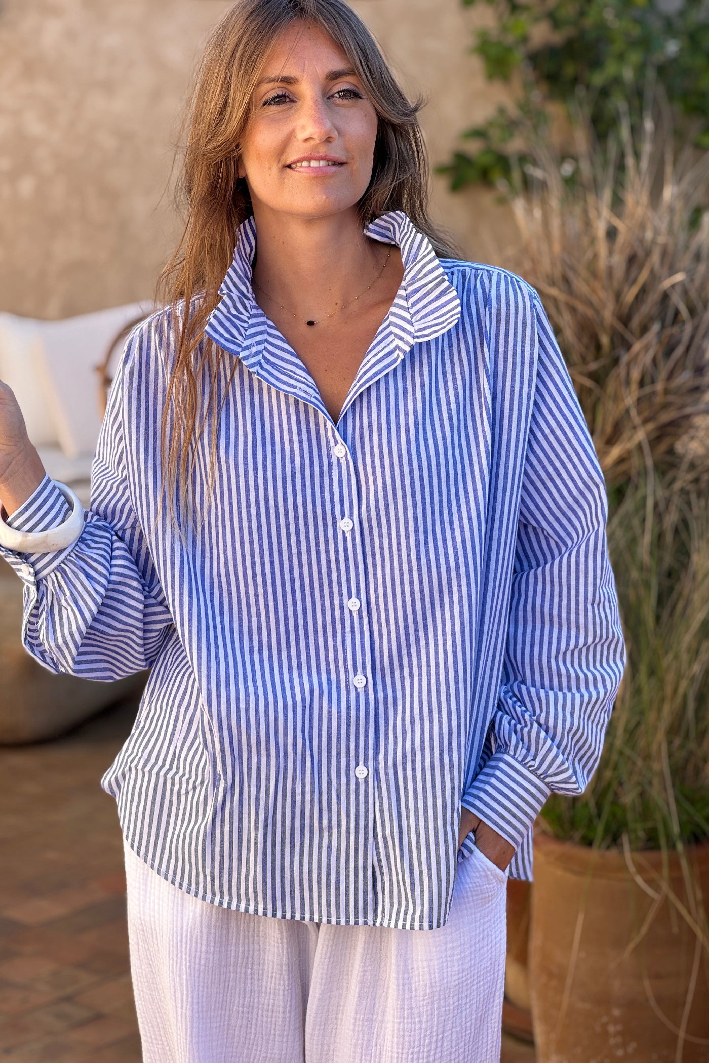 Blue Pinstripe Ruffle Collar Blouse