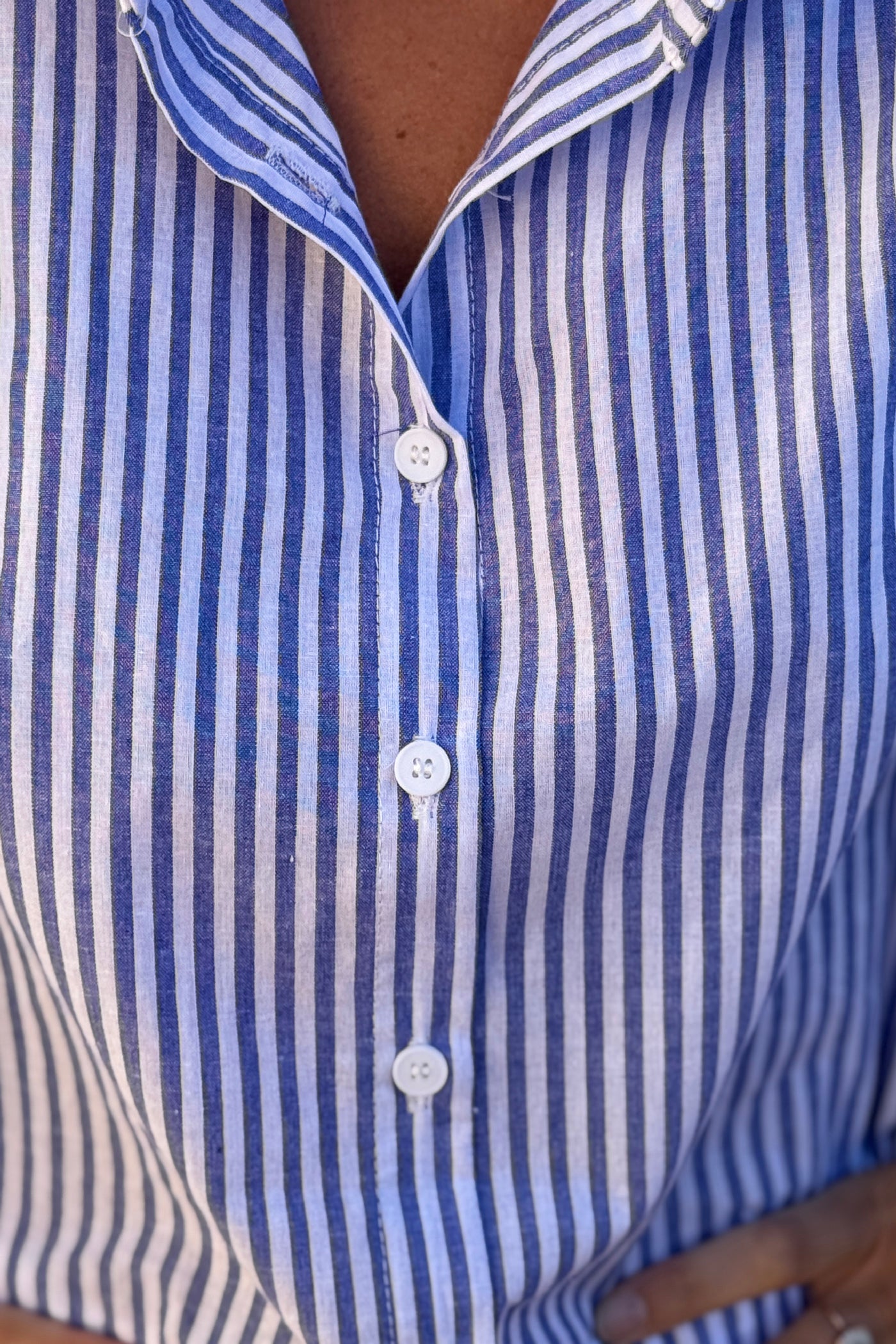 Blue Pinstripe Ruffle Collar Blouse